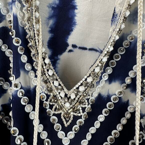 Taj by Sabrina Crippa Blue and White Beaded Kaftan Silk Blouse Size S Cover Up - Picture 6 of 16